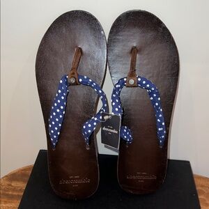 Abercrombie & Fitch Brown Leather Flip Sandals with Navy Polka Dot Straps